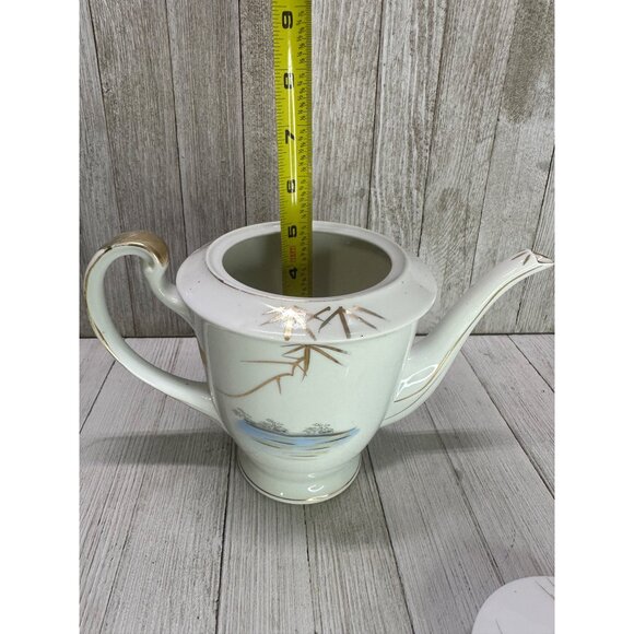 Vintage Kutani Ware Teapot 7" Tall & Plate 7" DIA Bamboo Village Golden Design - Picture 14 of 14
